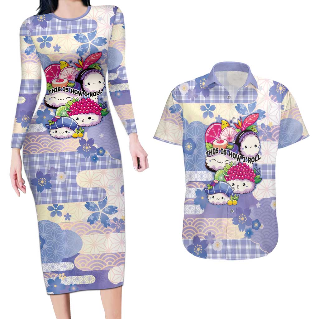 Personalized Japanese Kawaii Sushi Couples Matching Long Sleeve Bodycon Dress and Hawaiian Shirt Blue Wagara Palaka This Is How I Roll