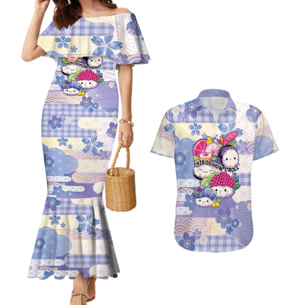 Personalized Japanese Kawaii Sushi Couples Matching Mermaid Dress and Hawaiian Shirt Blue Wagara Palaka This Is How I Roll LT9 Blue - Polynesian Pride