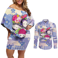 Personalized Japanese Kawaii Sushi Couples Matching Off Shoulder Short Dress and Long Sleeve Button Shirt Blue Wagara Palaka This Is How I Roll LT9 Blue - Polynesian Pride