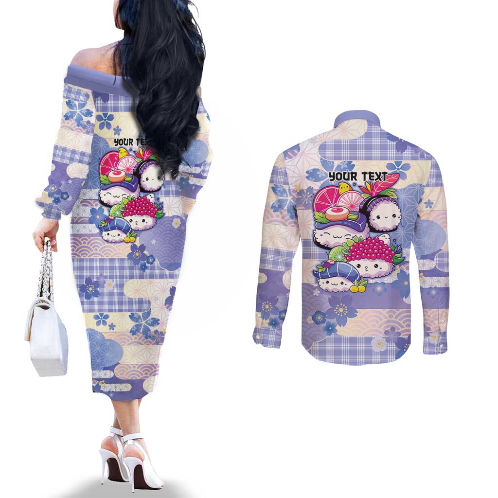 Personalized Japanese Kawaii Sushi Couples Matching Off The Shoulder Long Sleeve Dress and Long Sleeve Button Shirt Blue Wagara Palaka This Is How I Roll