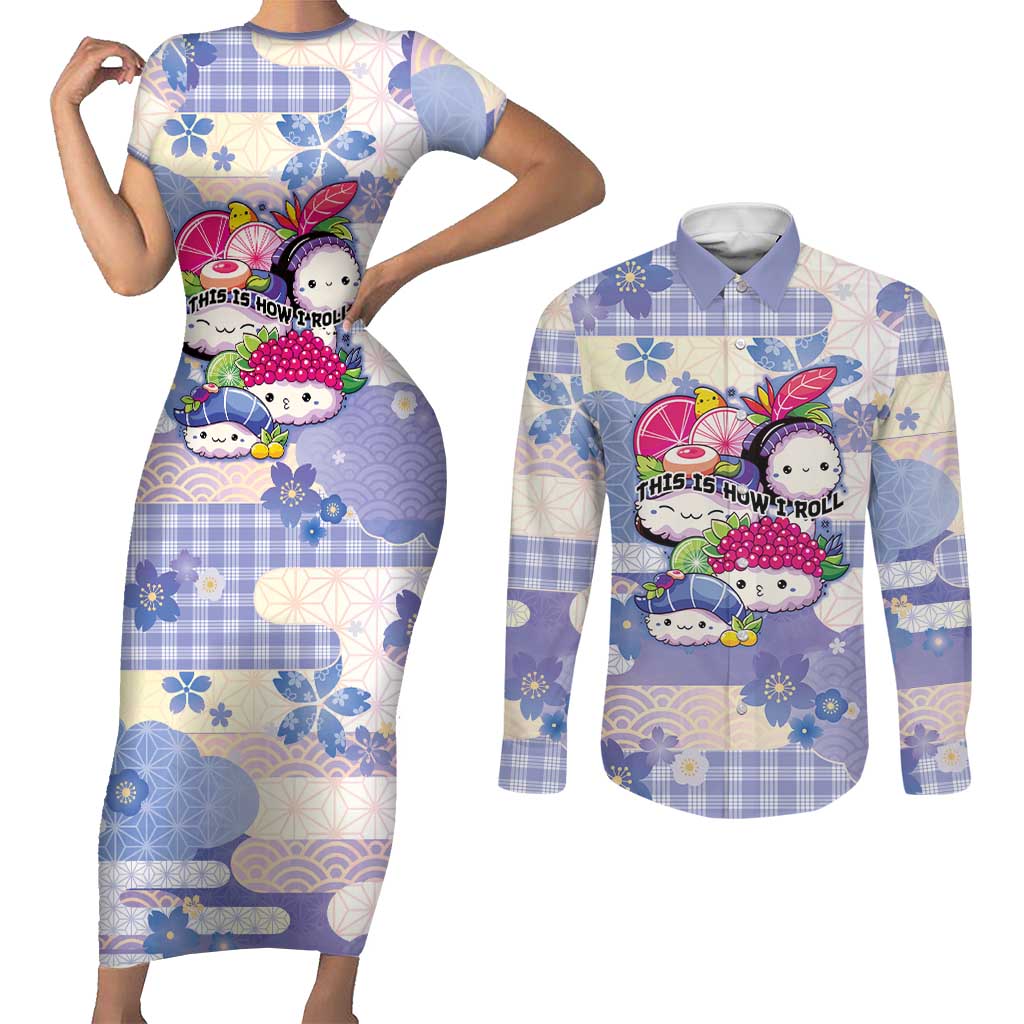 Personalized Japanese Kawaii Sushi Couples Matching Short Sleeve Bodycon Dress and Long Sleeve Button Shirt Blue Wagara Palaka This Is How I Roll LT9 Blue - Polynesian Pride
