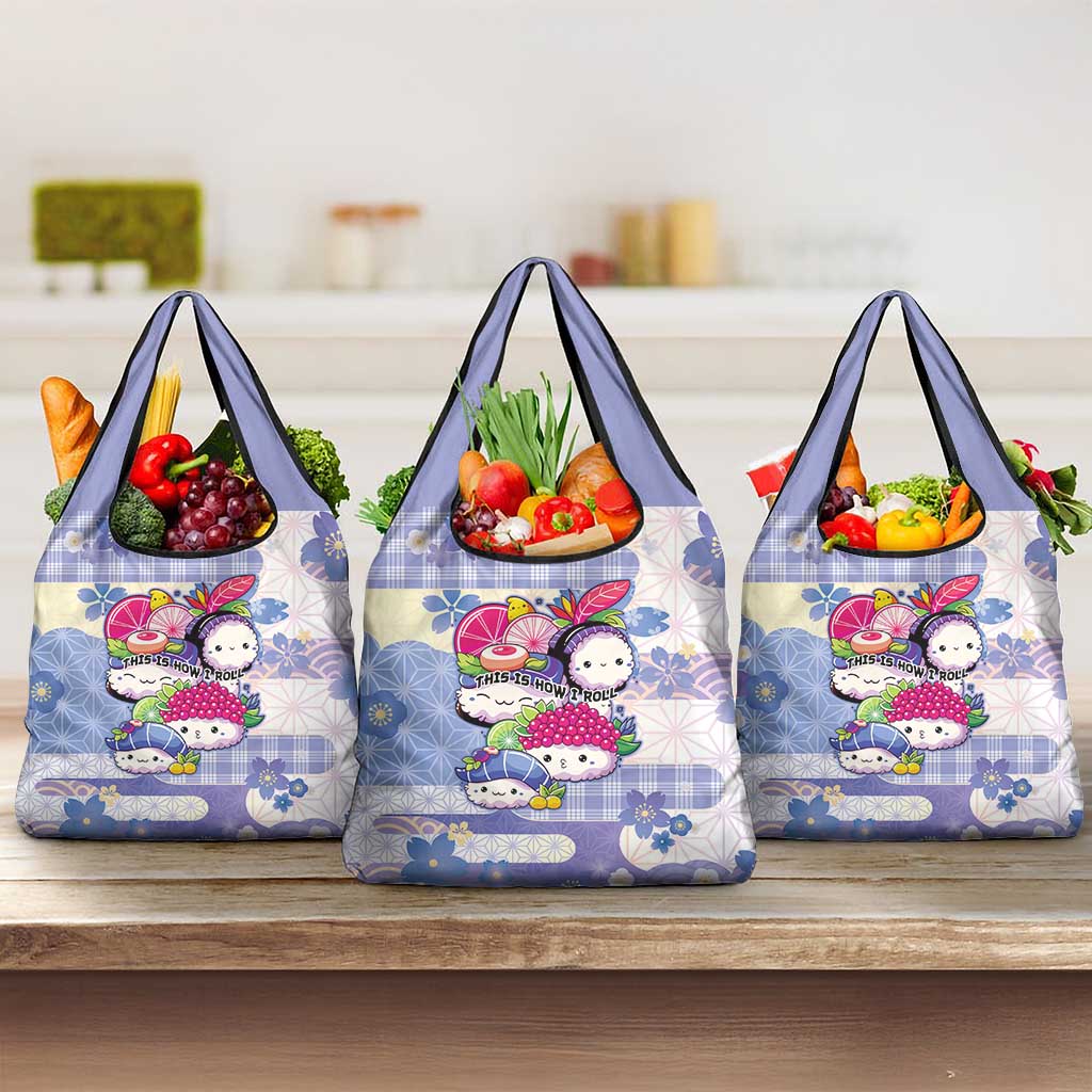 Japanese Kawaii Sushi Grocery Bag Blue Wagara Palaka This Is How I Roll LT9 3-pack One Size Blue - Polynesian Pride