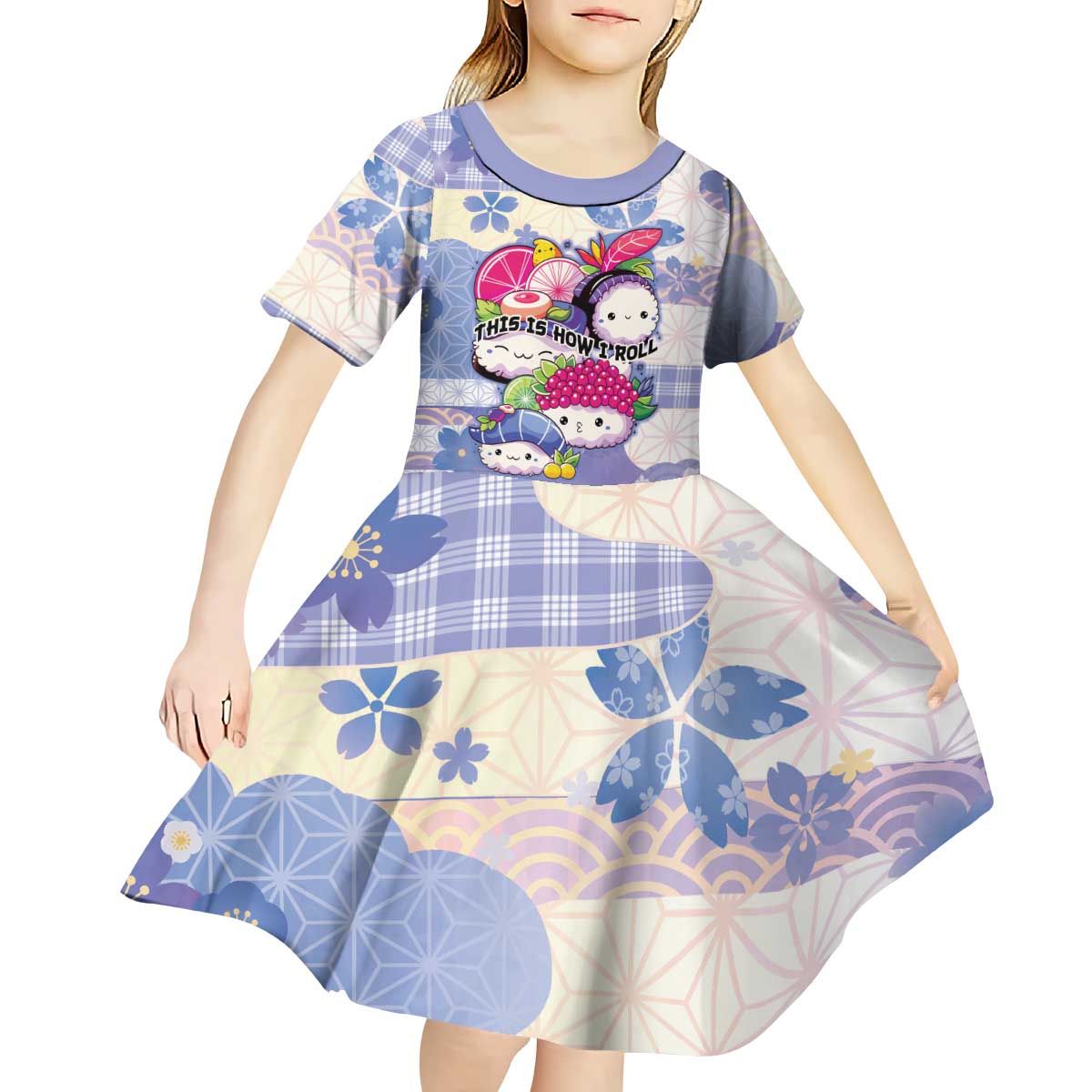 Personalized Japanese Kawaii Sushi Kid Short Sleeve Dress Blue Wagara Palaka This Is How I Roll LT9 - Polynesian Pride