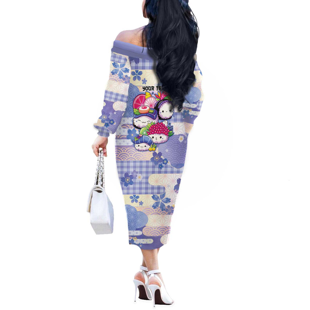Personalized Japanese Kawaii Sushi Off The Shoulder Long Sleeve Dress Blue Wagara Palaka This Is How I Roll LT9 - Polynesian Pride