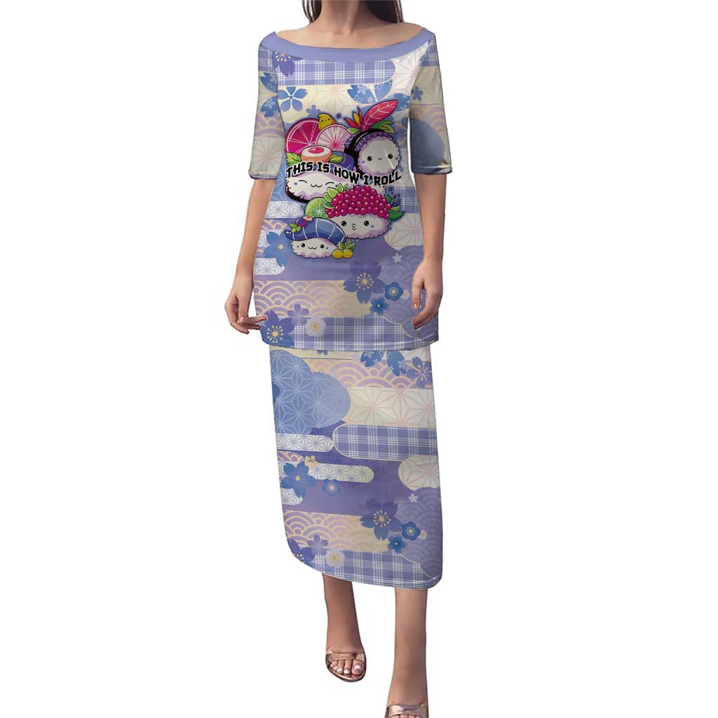 Personalized Japanese Kawaii Sushi Puletasi Blue Wagara Palaka This Is How I Roll LT9 Long Dress Blue - Polynesian Pride
