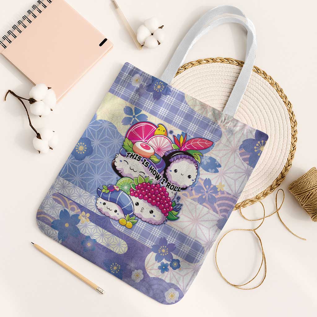 Japanese Kawaii Sushi Tote Bag Blue Wagara Palaka This Is How I Roll LT9 White Strap One Size Blue - Polynesian Pride