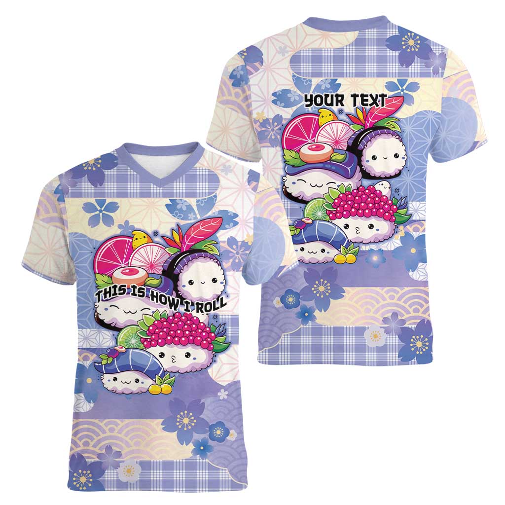 Personalized Japanese Kawaii Sushi Women V-Neck T-Shirt Blue Wagara Palaka This Is How I Roll LT9 - Polynesian Pride