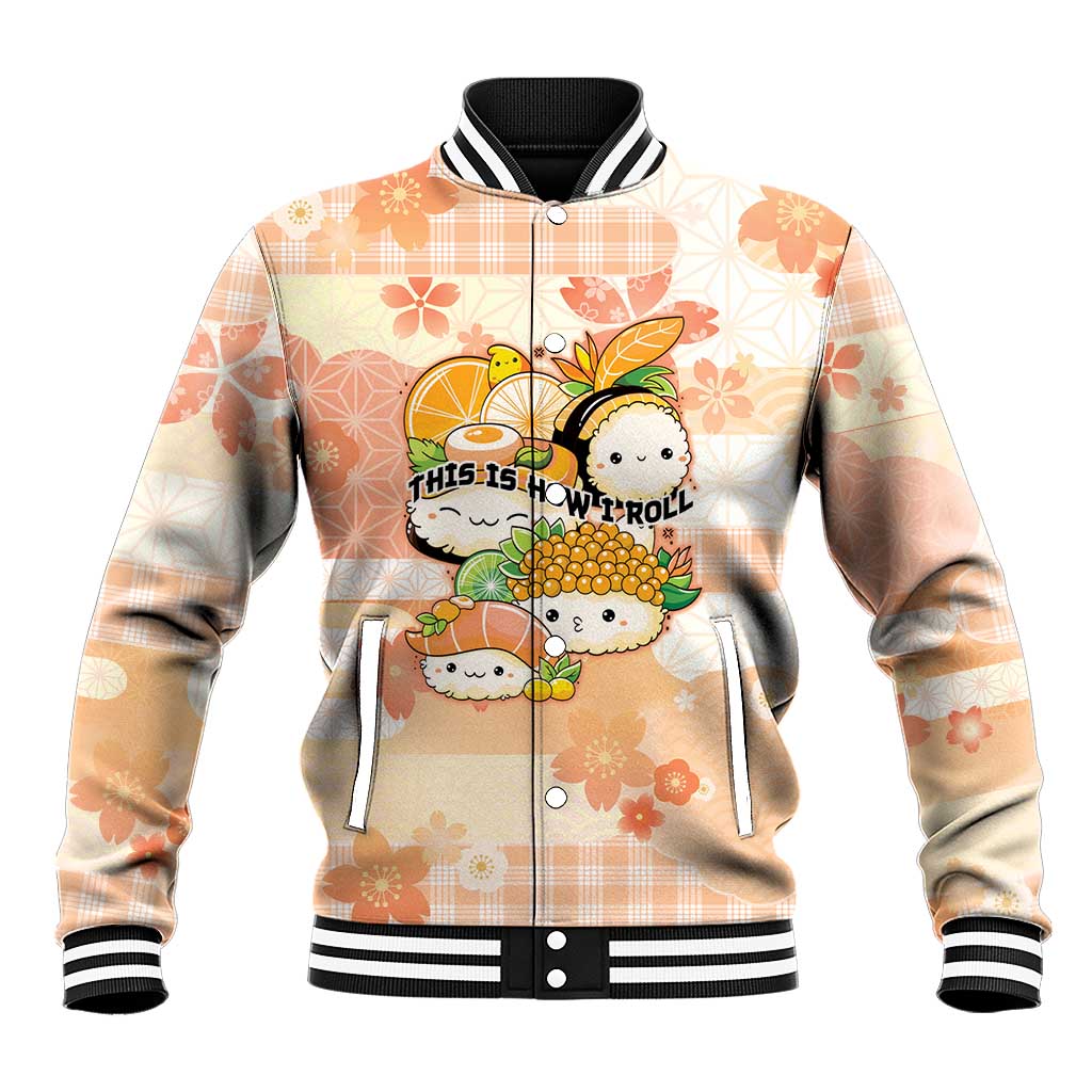 Personalized Japanese Kawaii Sushi Baseball Jacket Peach Wagara Palaka This Is How I Roll LT9 Unisex Peach - Polynesian Pride