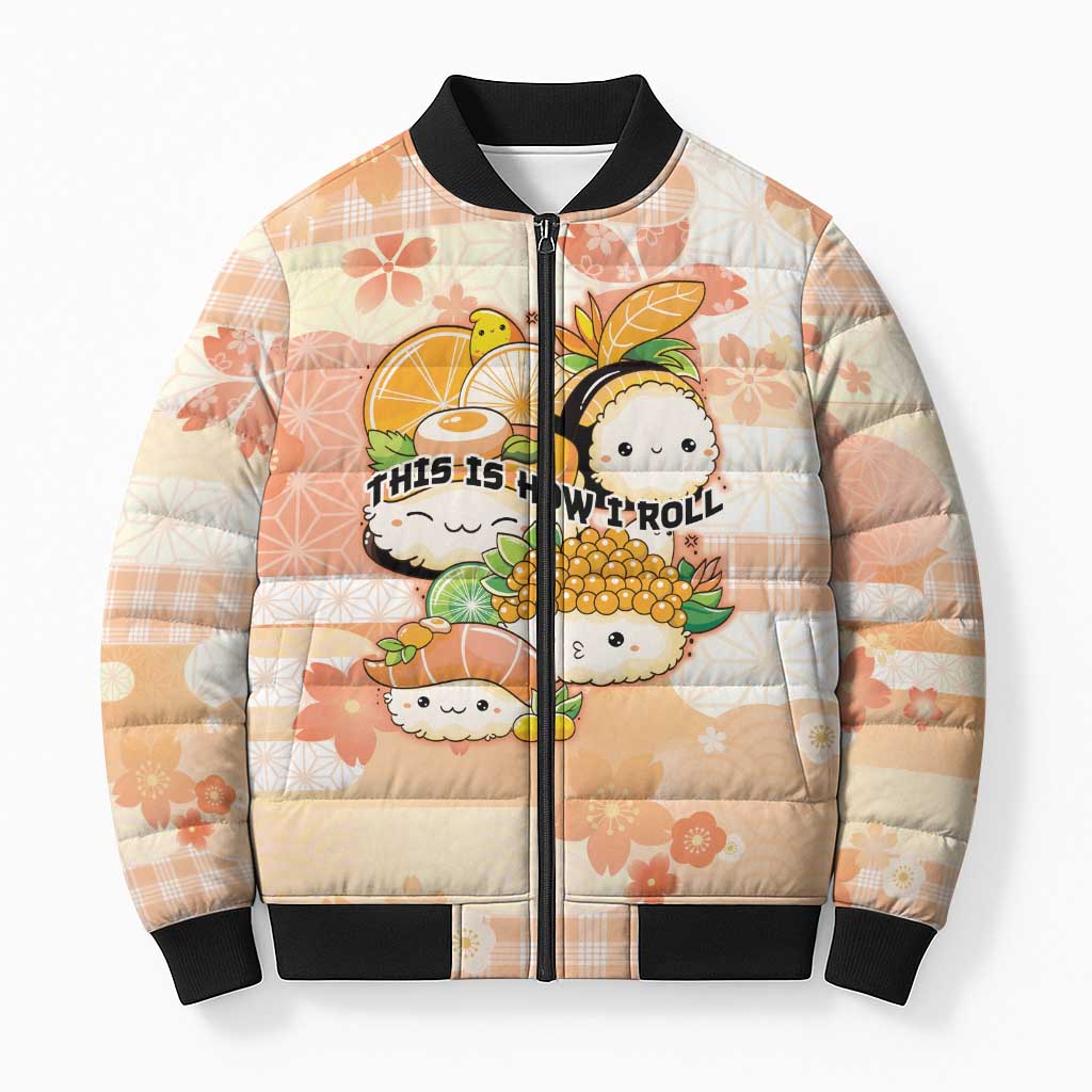 Personalized Japanese Kawaii Sushi Bomber Puffer Jacket Peach Wagara Palaka This Is How I Roll LT9 Unisex Peach - Polynesian Pride