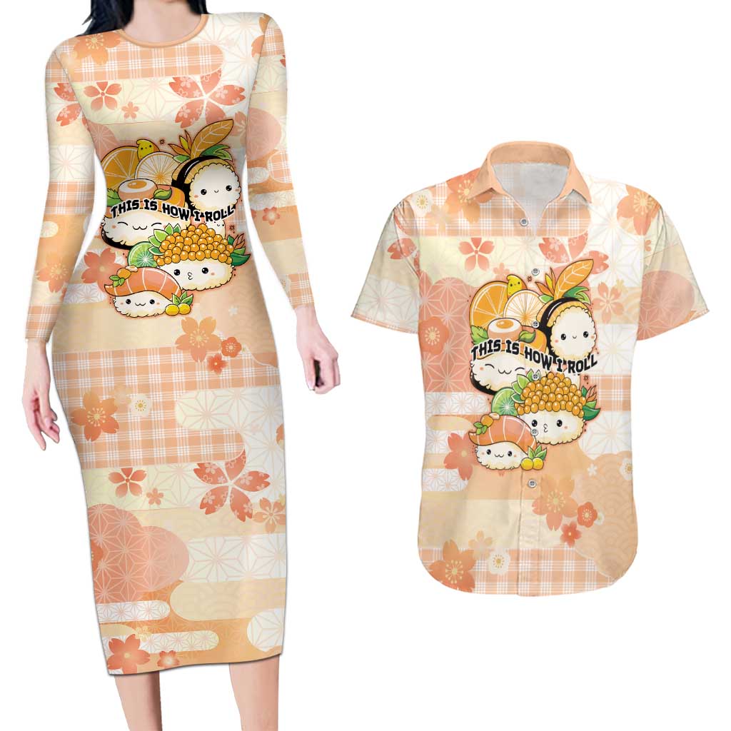 Personalized Japanese Kawaii Sushi Couples Matching Long Sleeve Bodycon Dress and Hawaiian Shirt Peach Wagara Palaka This Is How I Roll LT9 Peach - Polynesian Pride