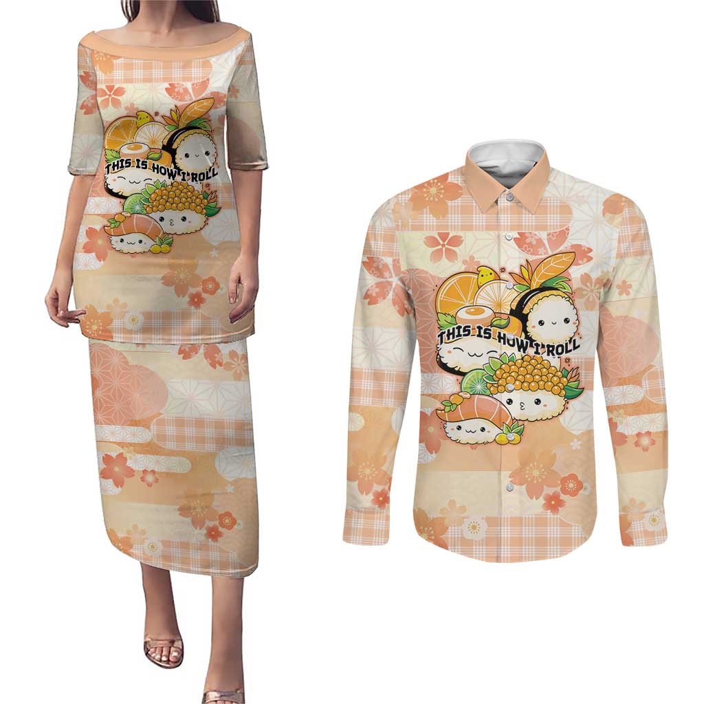 Personalized Japanese Kawaii Sushi Couples Matching Puletasi and Long Sleeve Button Shirt Peach Wagara Palaka This Is How I Roll LT9 Peach - Polynesian Pride