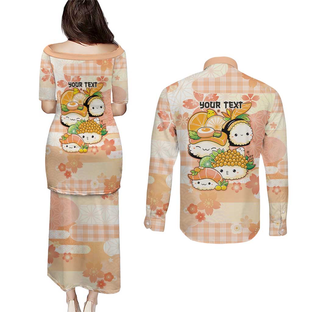 Personalized Japanese Kawaii Sushi Couples Matching Puletasi and Long Sleeve Button Shirt Peach Wagara Palaka This Is How I Roll LT9 - Polynesian Pride