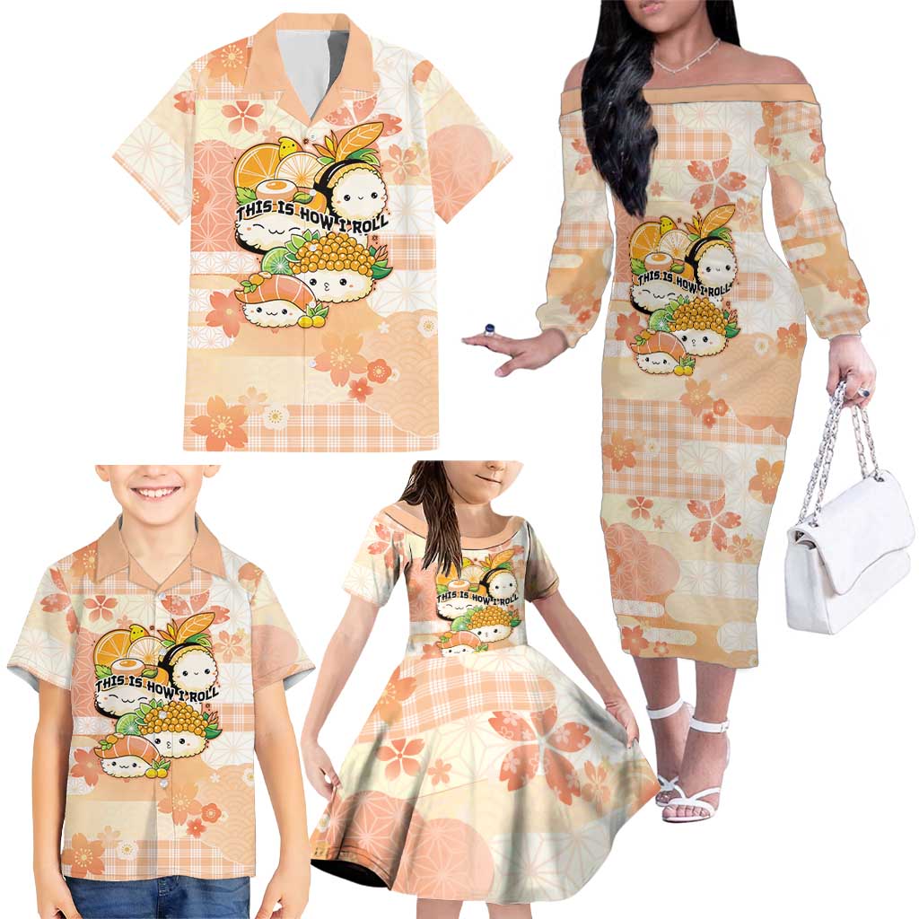 Personalized Japanese Kawaii Sushi Family Matching Off The Shoulder Long Sleeve Dress and Hawaiian Shirt Peach Wagara Palaka This Is How I Roll LT9 - Polynesian Pride
