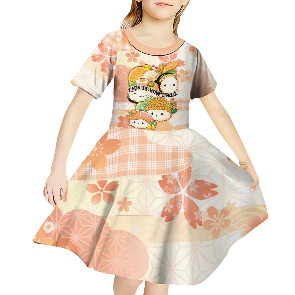 Personalized Japanese Kawaii Sushi Kid Short Sleeve Dress Peach Wagara Palaka This Is How I Roll LT9 - Polynesian Pride