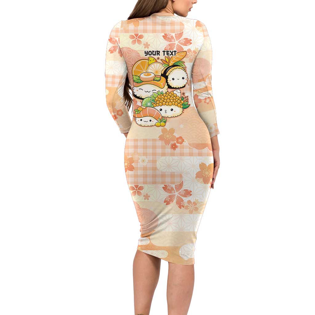 Personalized Japanese Kawaii Sushi Long Sleeve Bodycon Dress Peach Wagara Palaka This Is How I Roll LT9 - Polynesian Pride