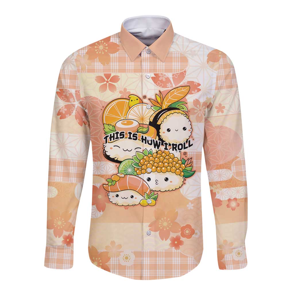 Personalized Japanese Kawaii Sushi Long Sleeve Button Shirt Peach Wagara Palaka This Is How I Roll LT9 Unisex Peach - Polynesian Pride