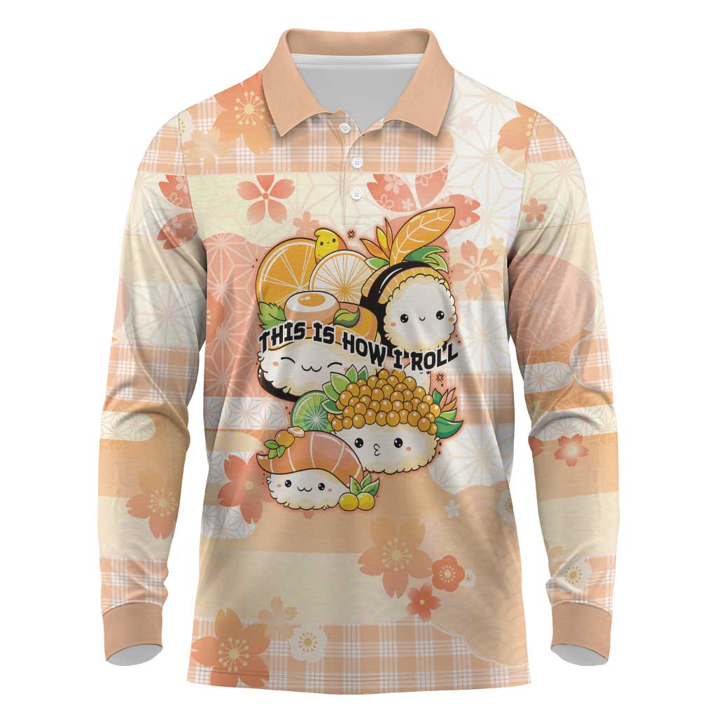 Personalized Japanese Kawaii Sushi Long Sleeve Polo Shirt Peach Wagara Palaka This Is How I Roll LT9 Peach - Polynesian Pride