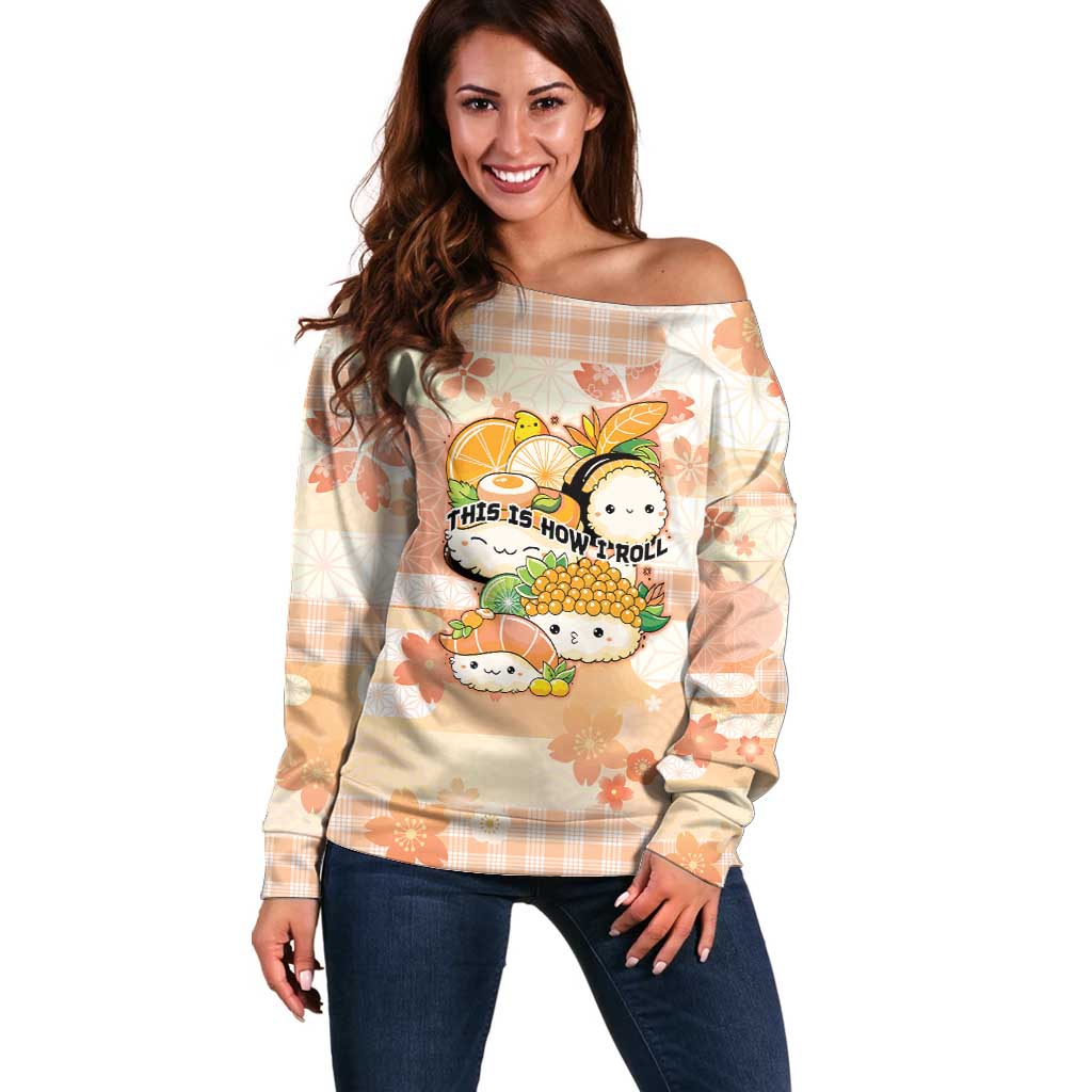 Personalized Japanese Kawaii Sushi Off Shoulder Sweater Peach Wagara Palaka This Is How I Roll LT9 Women Peach - Polynesian Pride
