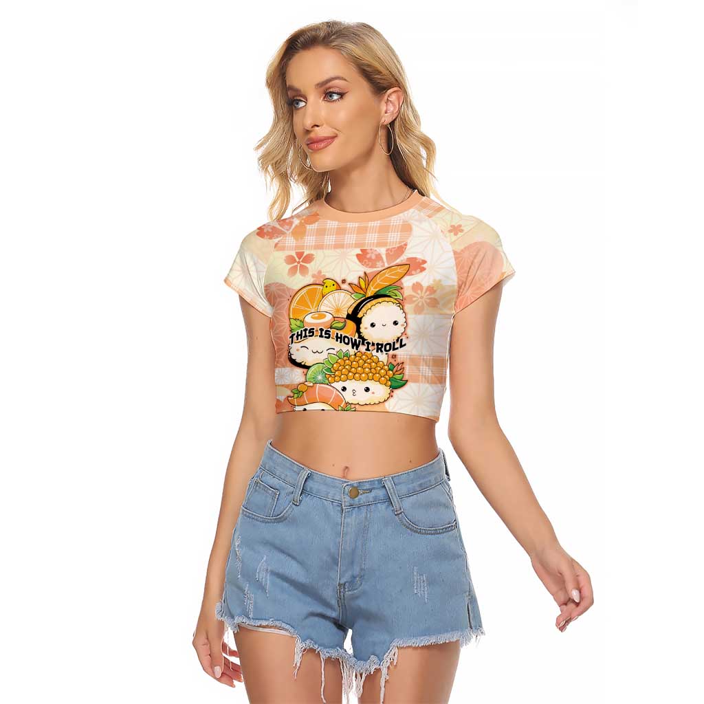 Personalized Japanese Kawaii Sushi Raglan Cropped T Shirt Peach Wagara Palaka This Is How I Roll LT9 Female Peach - Polynesian Pride