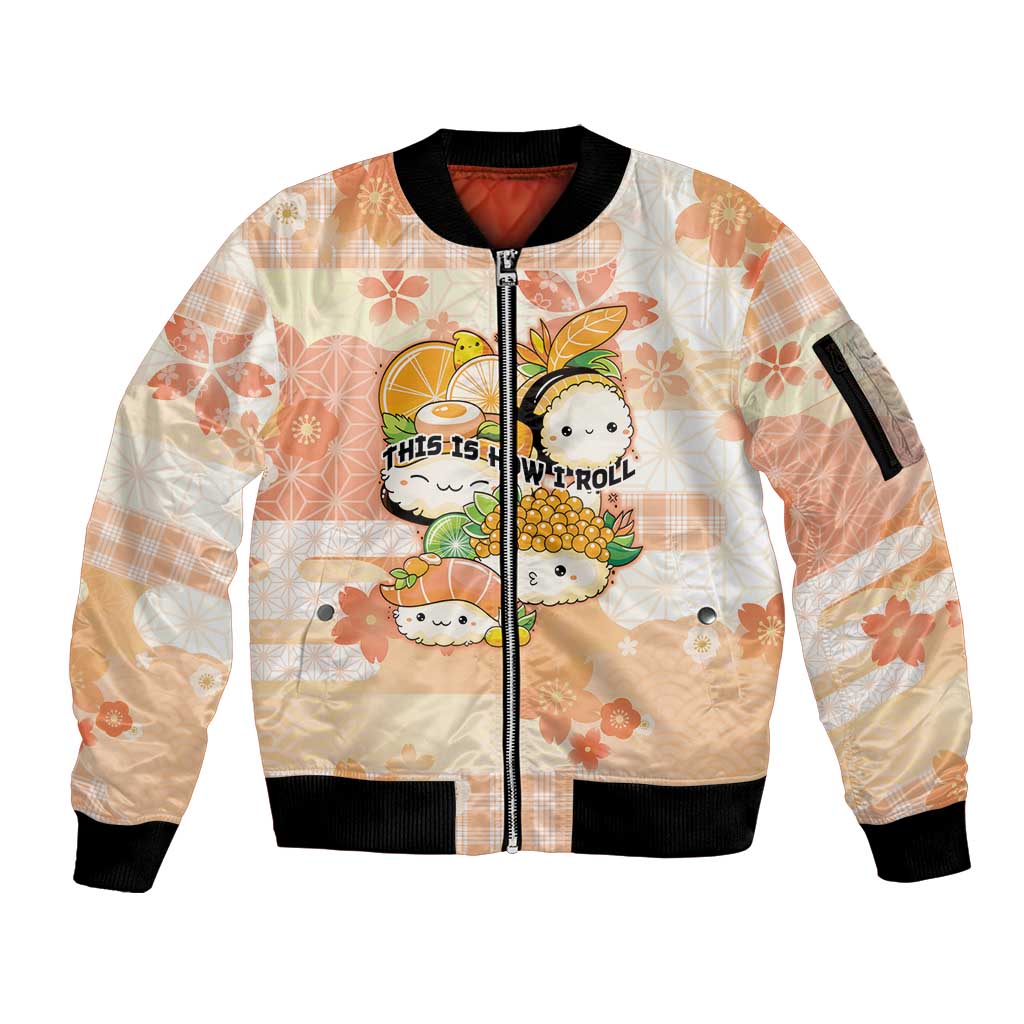 Personalized Japanese Kawaii Sushi Sleeve Zip Bomber Jacket Peach Wagara Palaka This Is How I Roll LT9 Unisex Peach - Polynesian Pride