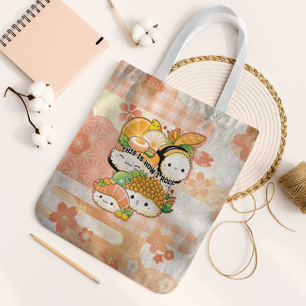 Japanese Kawaii Sushi Tote Bag Peach Wagara Palaka This Is How I Roll LT9 White Strap One Size Peach - Polynesian Pride