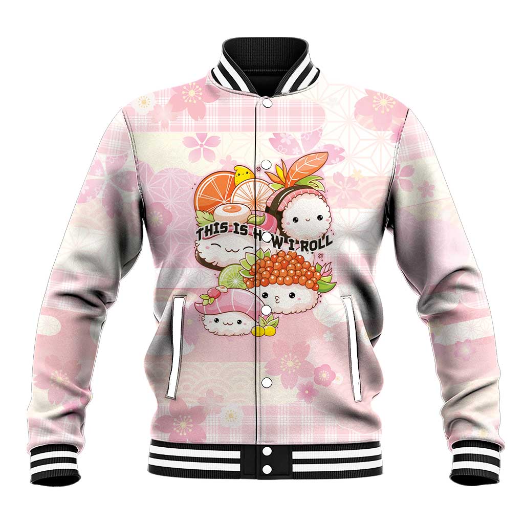 Personalized Japanese Kawaii Sushi Baseball Jacket Pink Wagara Palaka This Is How I Roll LT9 Unisex Pink - Polynesian Pride