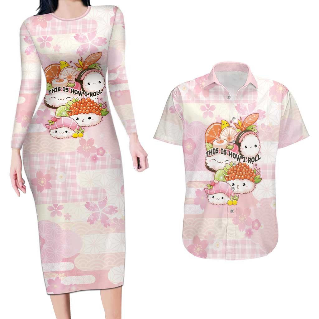 Personalized Japanese Kawaii Sushi Couples Matching Long Sleeve Bodycon Dress and Hawaiian Shirt Pink Wagara Palaka This Is How I Roll LT9 Pink - Polynesian Pride