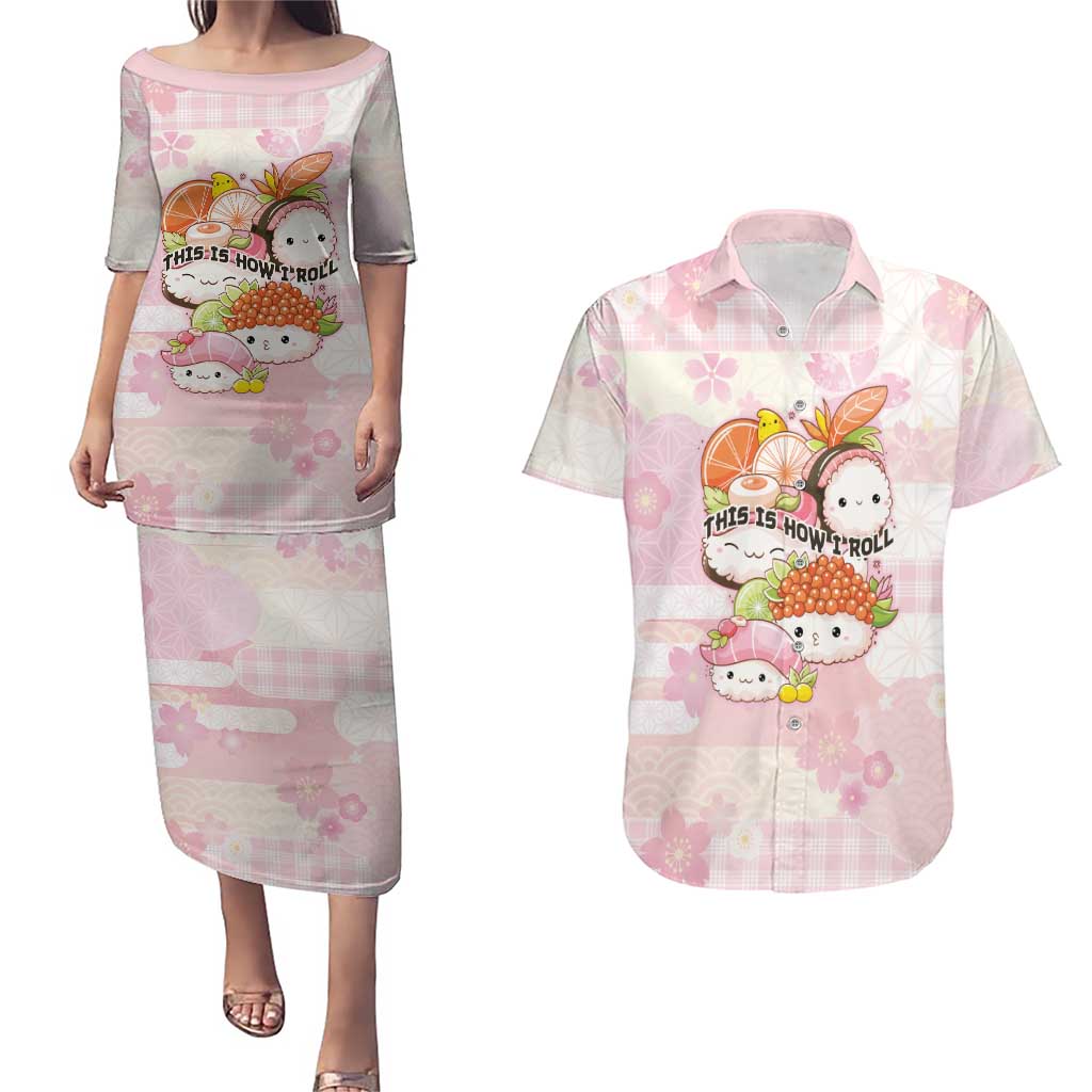 Personalized Japanese Kawaii Sushi Couples Matching Puletasi and Hawaiian Shirt Pink Wagara Palaka This Is How I Roll LT9 Pink - Polynesian Pride