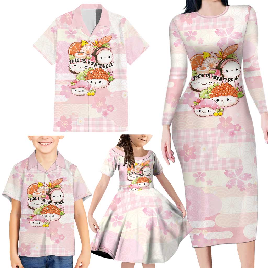 Personalized Japanese Kawaii Sushi Family Matching Long Sleeve Bodycon Dress and Hawaiian Shirt Pink Wagara Palaka This Is How I Roll LT9 - Polynesian Pride