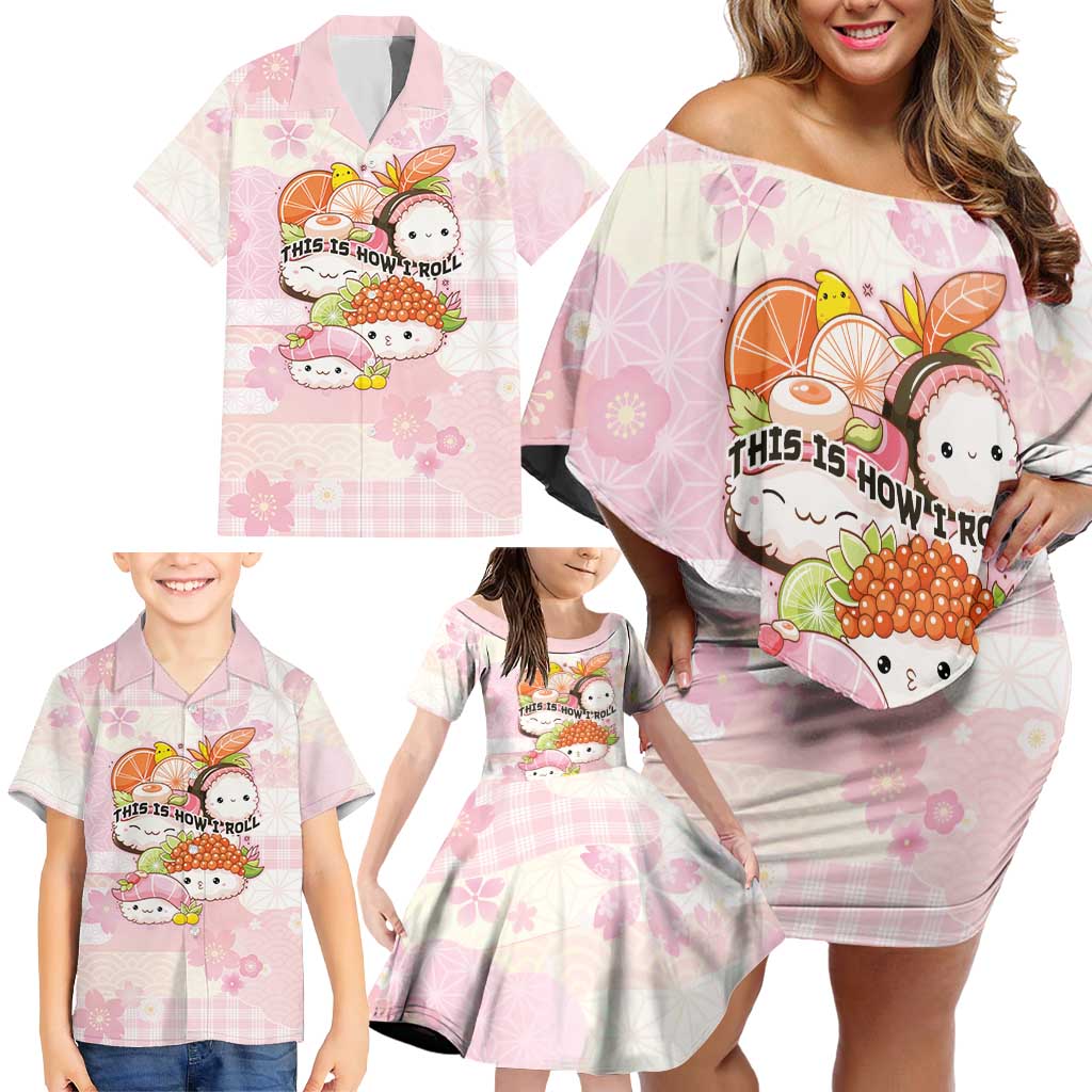 Personalized Japanese Kawaii Sushi Family Matching Off Shoulder Short Dress and Hawaiian Shirt Pink Wagara Palaka This Is How I Roll LT9 - Polynesian Pride