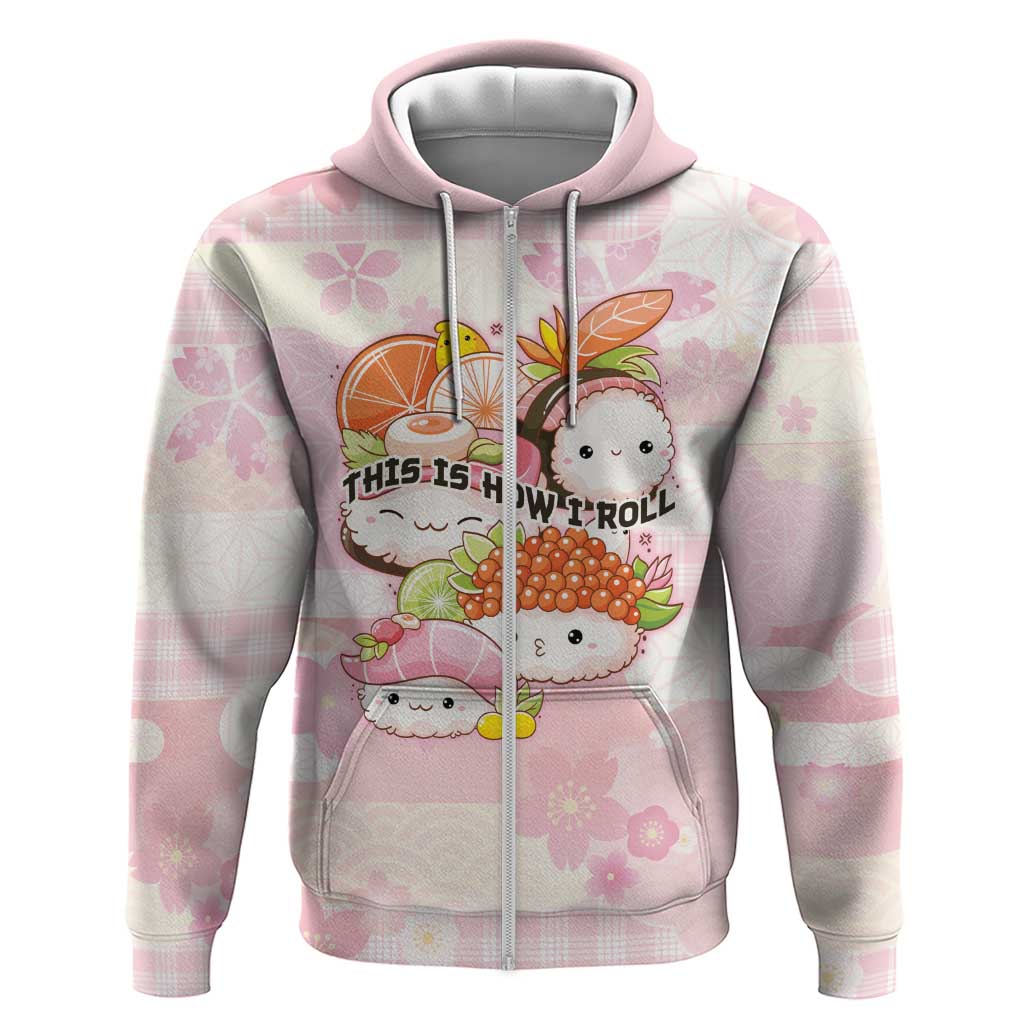 Personalized Japanese Kawaii Sushi Hoodie Pink Wagara Palaka This Is How I Roll LT9 Zip Hoodie Pink - Polynesian Pride