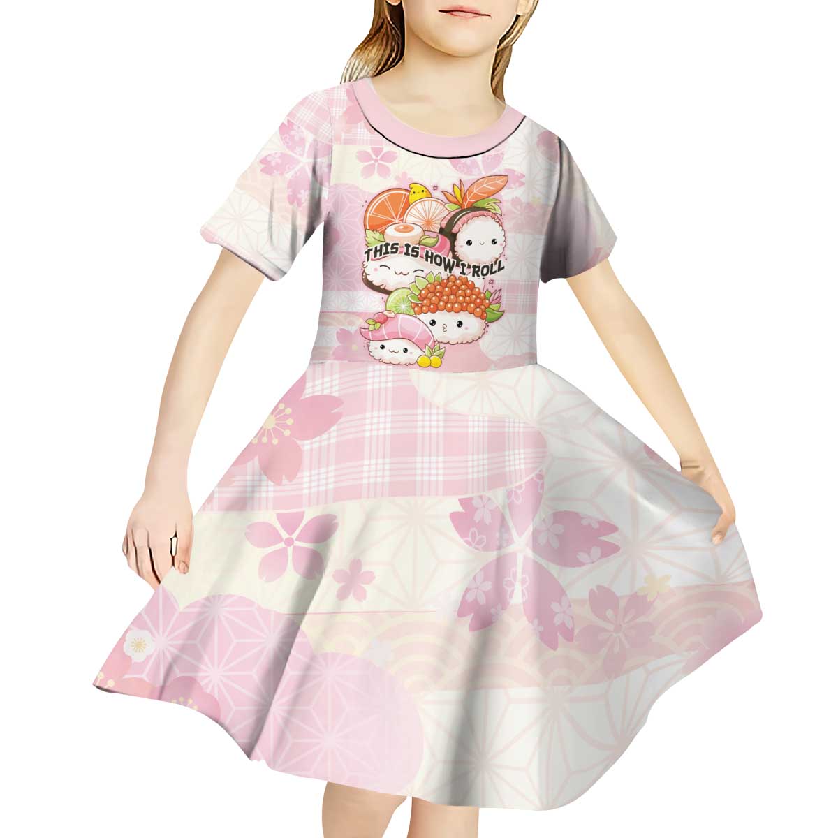 Personalized Japanese Kawaii Sushi Kid Short Sleeve Dress Pink Wagara Palaka This Is How I Roll LT9 - Polynesian Pride