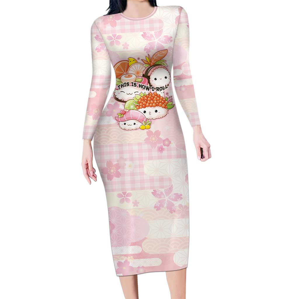 Personalized Japanese Kawaii Sushi Long Sleeve Bodycon Dress Pink Wagara Palaka This Is How I Roll LT9 Long Dress Pink - Polynesian Pride