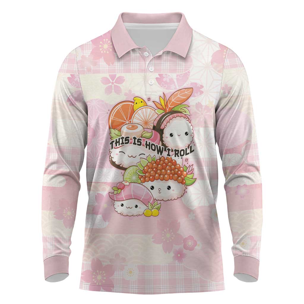 Personalized Japanese Kawaii Sushi Long Sleeve Polo Shirt Pink Wagara Palaka This Is How I Roll LT9 Pink - Polynesian Pride