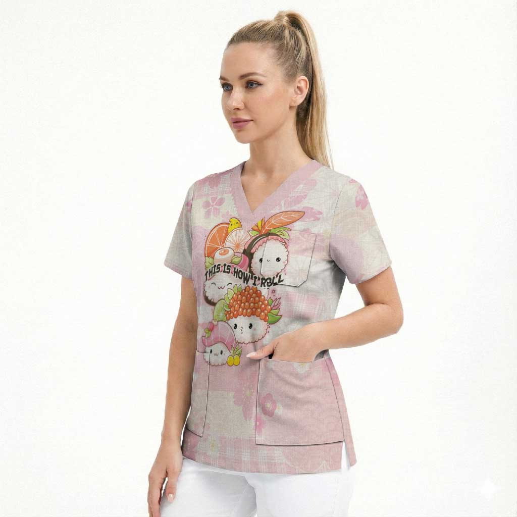 Personalized Japanese Kawaii Sushi Scrub Top Pink Wagara Palaka This Is How I Roll LT9 - Polynesian Pride