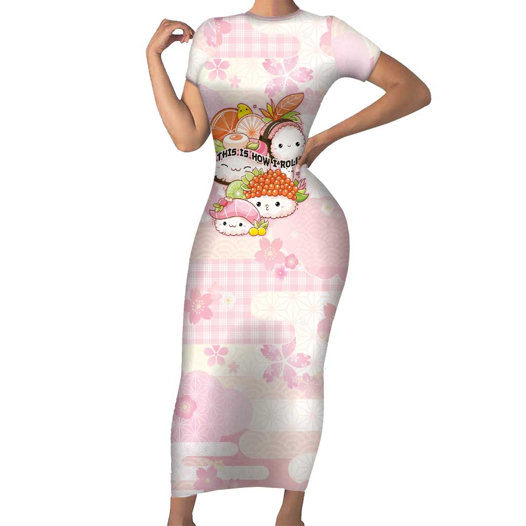Personalized Japanese Kawaii Sushi Short Sleeve Bodycon Dress Pink Wagara Palaka This Is How I Roll LT9 Long Dress Pink - Polynesian Pride