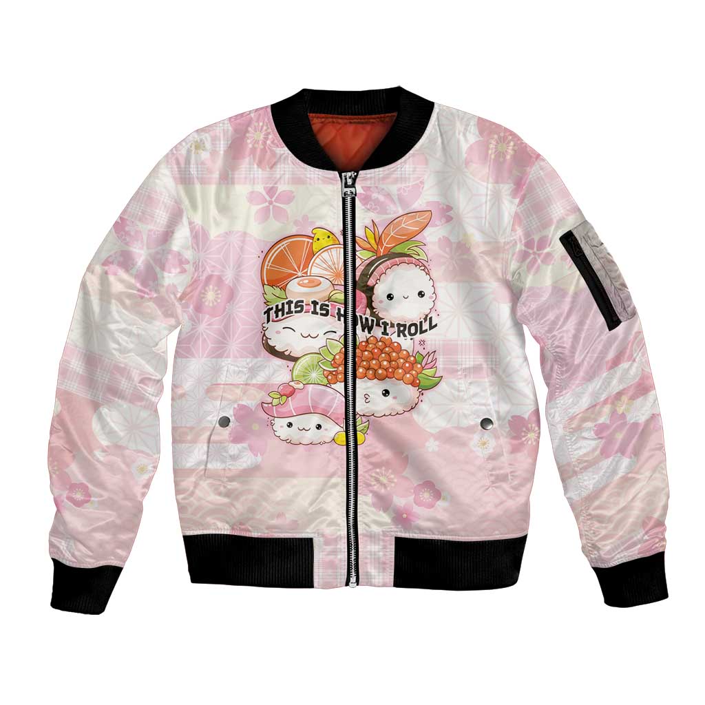 Personalized Japanese Kawaii Sushi Sleeve Zip Bomber Jacket Pink Wagara Palaka This Is How I Roll LT9 Unisex Pink - Polynesian Pride