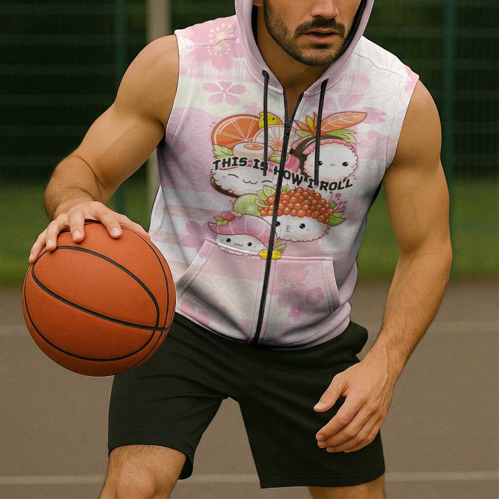 Personalized Japanese Kawaii Sushi Sleeveless Zip Hoodie Pink Wagara Palaka This Is How I Roll LT9 - Polynesian Pride