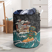 Personalized Japanese Koi Fish Ramen Laundry Basket Tiki Surfing Wagara Hibiscus Pattern LT9 Black - Polynesian Pride