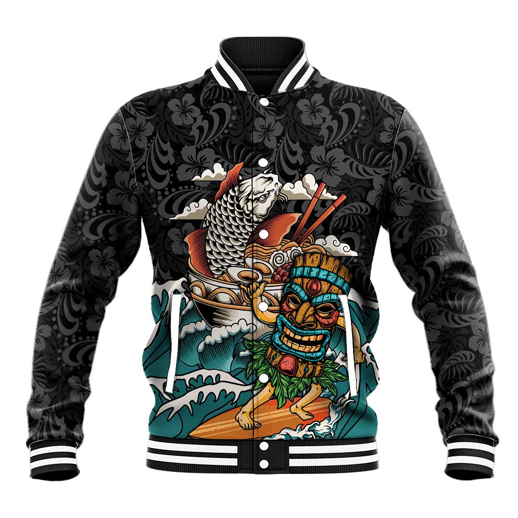 Personalized Japanese Koi Fish Ramen Baseball Jacket Tiki Surfing Wagara Hibiscus Pattern LT9 Unisex Black - Polynesian Pride