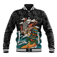Personalized Japanese Koi Fish Ramen Baseball Jacket Tiki Surfing Wagara Hibiscus Pattern LT9 Unisex Black - Polynesian Pride