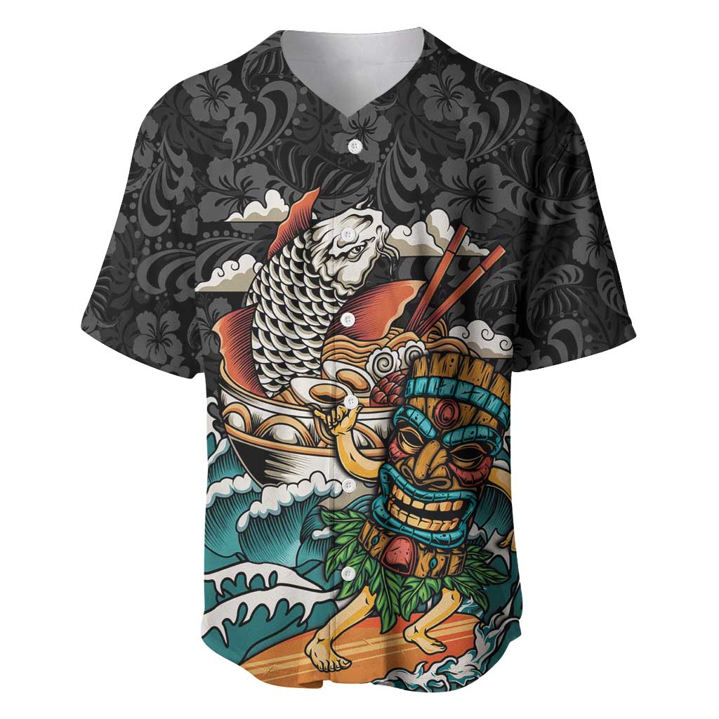 Personalized Japanese Koi Fish Ramen Baseball Jersey Tiki Surfing Wagara Hibiscus Pattern LT9 Black - Polynesian Pride
