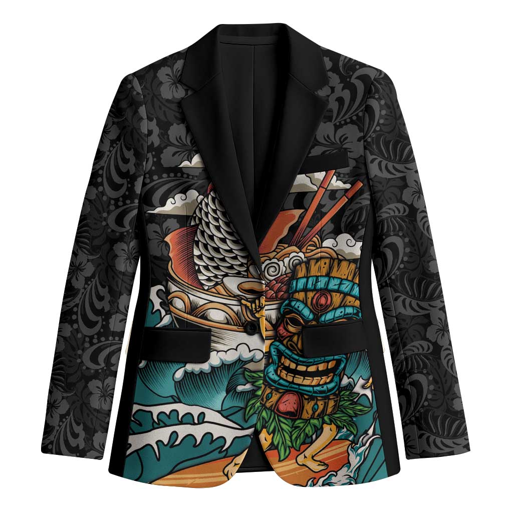 Personalized Japanese Koi Fish Ramen Blazer Tiki Surfing Wagara Hibiscus Pattern LT9 Unisex Black - Polynesian Pride
