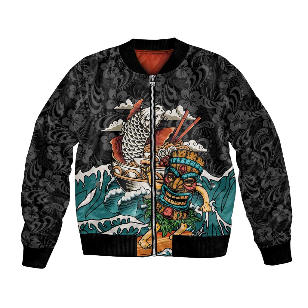 Personalized Japanese Koi Fish Ramen Bomber Jacket Tiki Surfing Wagara Hibiscus Pattern LT9 Unisex Black - Polynesian Pride