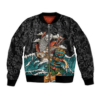 Personalized Japanese Koi Fish Ramen Bomber Jacket Tiki Surfing Wagara Hibiscus Pattern LT9 Unisex Black - Polynesian Pride