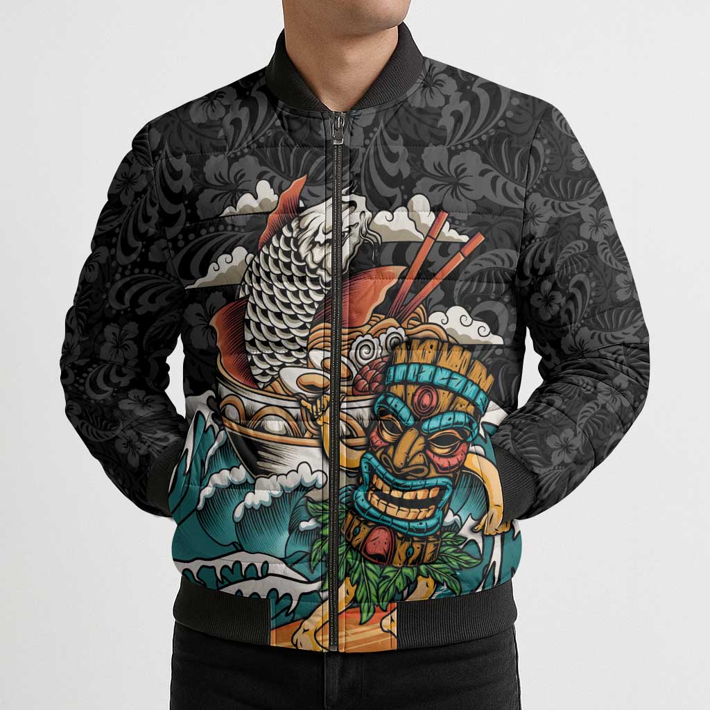 Personalized Japanese Koi Fish Ramen Bomber Puffer Jacket Tiki Surfing Wagara Hibiscus Pattern LT9 - Polynesian Pride