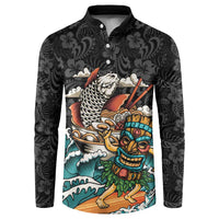 Personalized Japanese Koi Fish Ramen Button Sweatshirt Tiki Surfing Wagara Hibiscus Pattern LT9 Black - Polynesian Pride