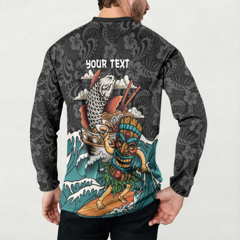 Personalized Japanese Koi Fish Ramen Button Sweatshirt Tiki Surfing Wagara Hibiscus Pattern LT9 - Polynesian Pride