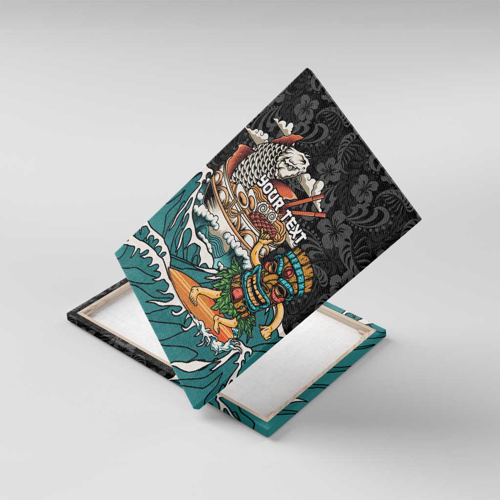 Personalized Japanese Koi Fish Ramen Canvas Wall Art Tiki Surfing Wagara Hibiscus Pattern LT9 With Frame Black - Polynesian Pride