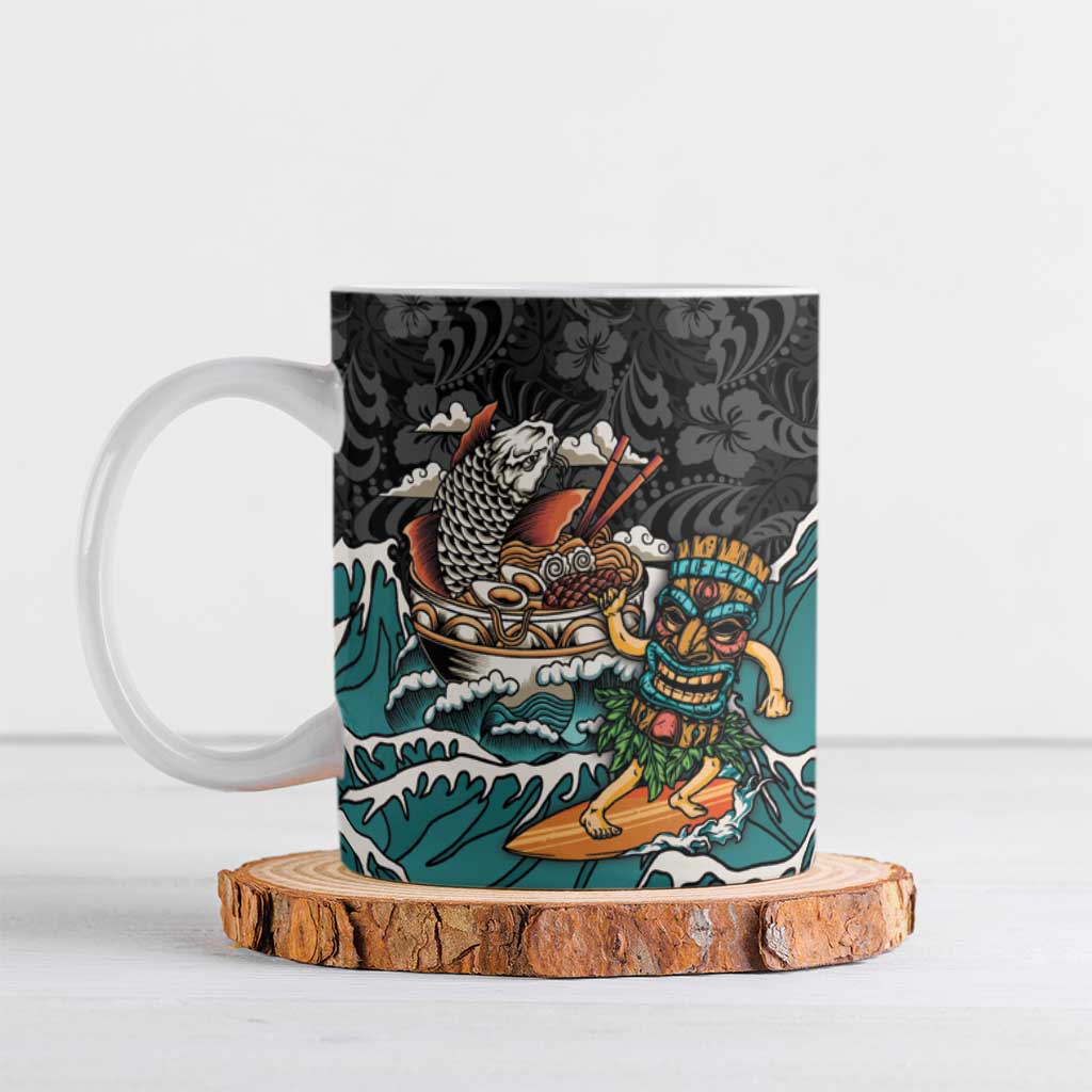 Personalized Japanese Koi Fish Ramen Ceramic Mug Tiki Surfing Wagara Hibiscus Pattern LT9 Black - Polynesian Pride